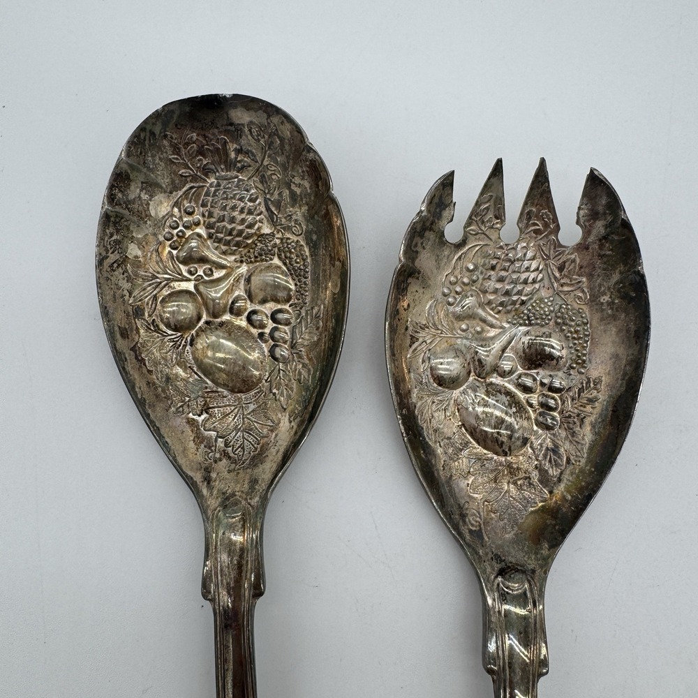 Antique FB Rogers Silver Plated Salad Serving Set Italy Fruit Pattern EPNS 9in - Picture 5 of 10